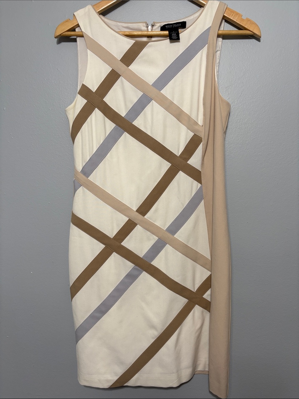 White House Black Market Cream Sheath Dress with Tan and Light Gray Straps
